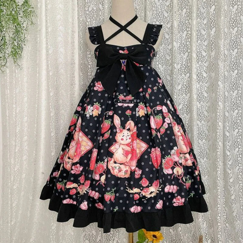 Kawaii Lolita JSK Dress - Cartoon Rabbit & Strawberry Print - black / S - All Dresses - Dresses - 1 - 2024