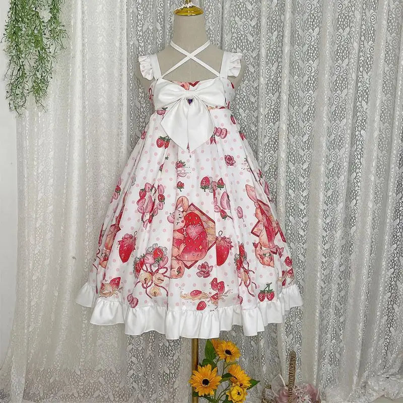 Kawaii Lolita JSK Dress - Cartoon Rabbit & Strawberry Print - WHITE / S - All Dresses - Dresses - 2 - 2024
