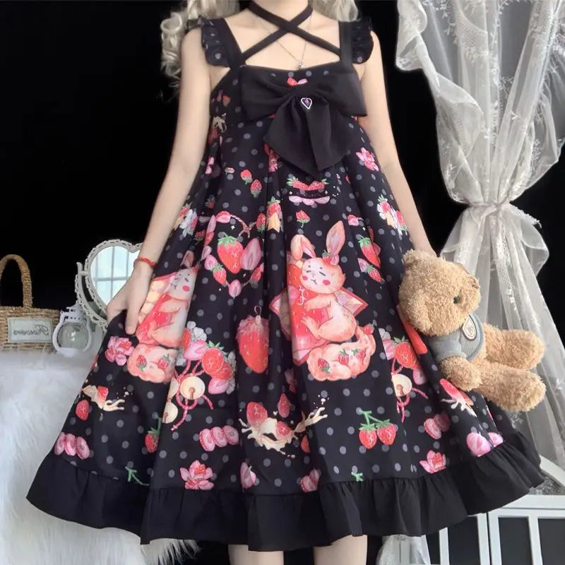 Kawaii Lolita JSK Dress - Cartoon Rabbit & Strawberry Print - All Dresses - Dresses - 4 - 2024