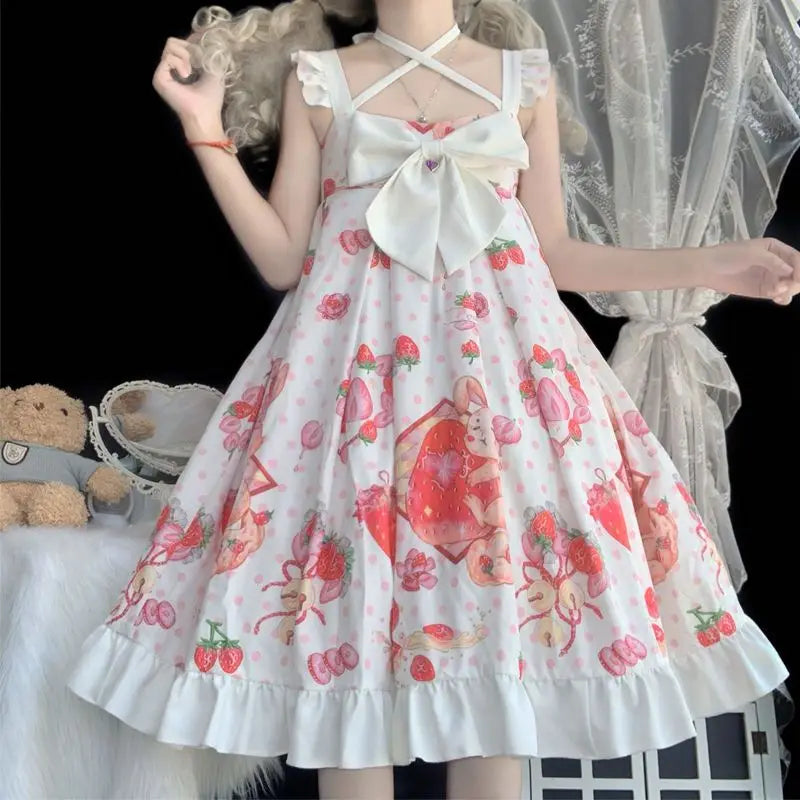 Kawaii Lolita JSK Dress - Cartoon Rabbit & Strawberry Print - All Dresses - Dresses - 3 - 2024