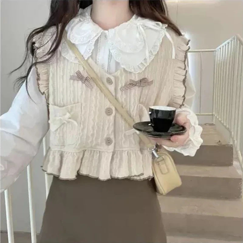 Kawaii Lolita Ruffle Knit Sweater Vest - Japanese Bow Cardigan - All Dresses - Shirts & Tops - 4 - 2024