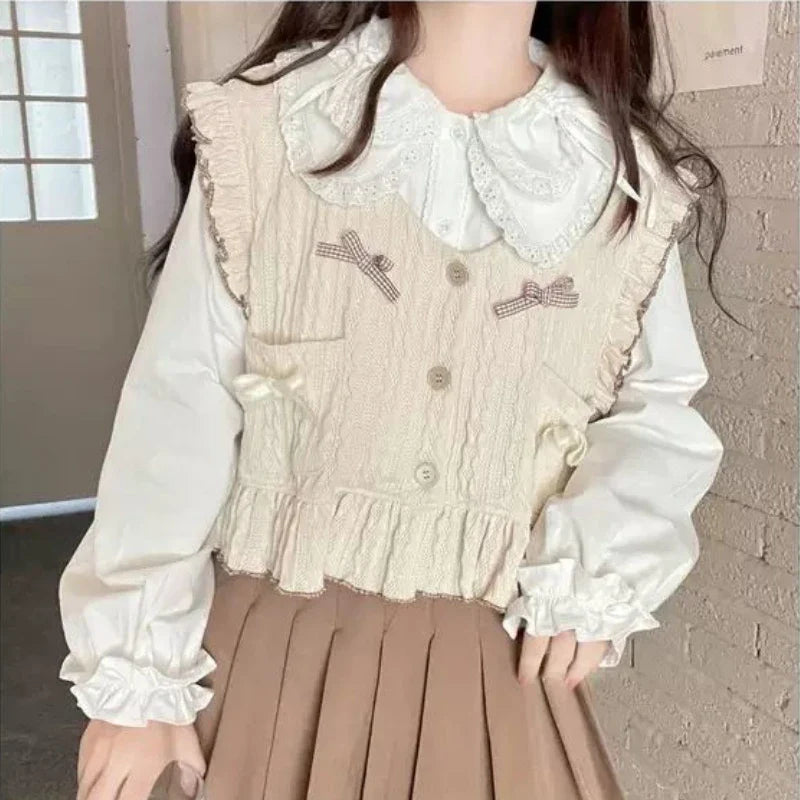 Kawaii Lolita Ruffle Knit Sweater Vest - Japanese Bow Cardigan - All Dresses - Shirts & Tops - 5 - 2024