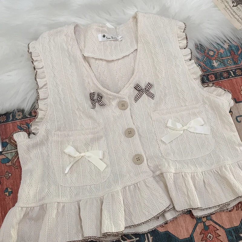 Kawaii Lolita Ruffle Knit Sweater Vest - Japanese Bow Cardigan - All Dresses - Shirts & Tops - 1 - 2024