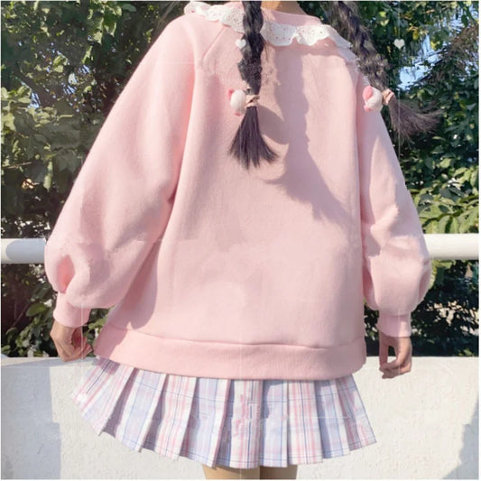 Kawaii Pink Lolita Sweatshirt with Lamb and Candy Embroidery - All Dresses - Shirts & Tops - 2 - 2024