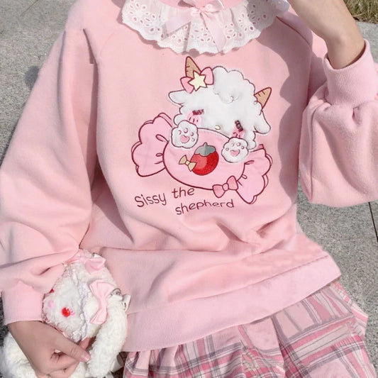 Kawaii Pink Lolita Sweatshirt with Lamb and Candy Embroidery - M / Pink - All Dresses - Shirts & Tops - 1 - 2024