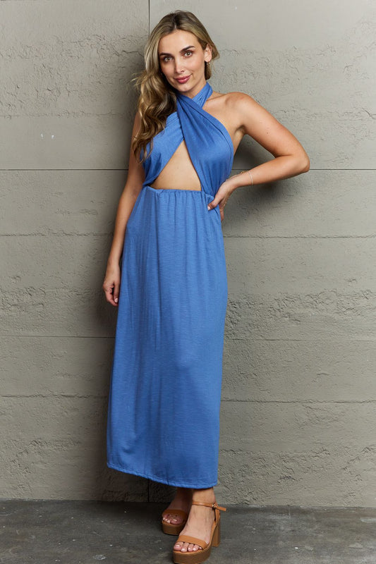 Know Your Worth Criss Cross Halter Neck Maxi Dress - Blue / S - All Dresses - Dresses - 1 - 2024
