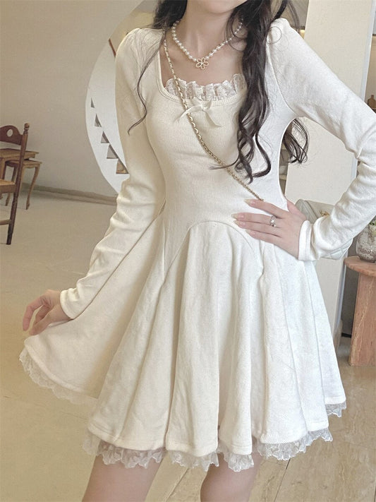 Lace-Accented Knitted Dress - White / S - All Dresses - Clothing - 23 - 2024