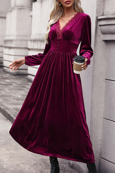 Lace Detail V-Neck Balloon Sleeve Midi Dress - All Dresses - Dresses - 5 - 2024