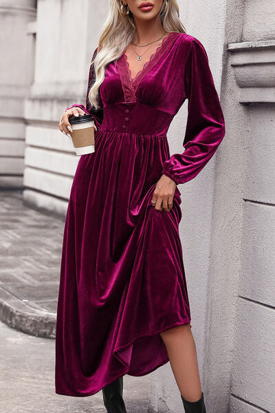 Lace Detail V-Neck Balloon Sleeve Midi Dress - All Dresses - Dresses - 4 - 2024