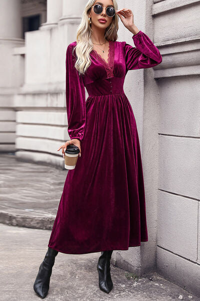 Lace Detail V-Neck Balloon Sleeve Midi Dress - Cerise / S - All Dresses - Dresses - 1 - 2024