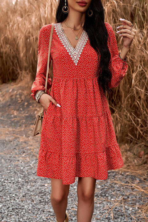 Lace Trim V-Neck Long Sleeve Dress - Red / S - All Dresses - Dresses - 1 - 2024