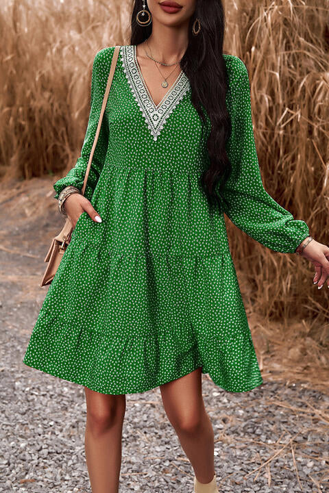 Lace Trim V-Neck Long Sleeve Dress - Mid Green / S - All Dresses - Dresses - 10 - 2024