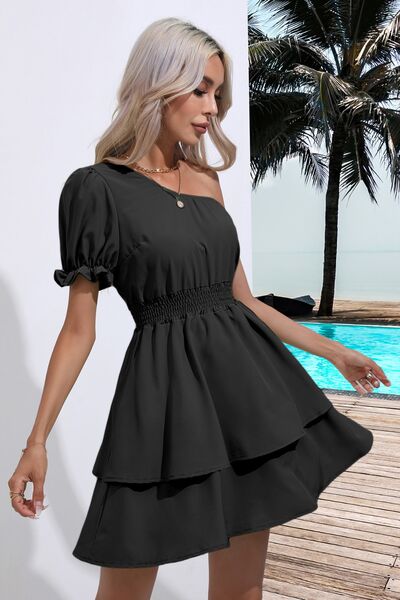 Layered Single Shoulder Flounce Sleeve Mini Dress - All Dresses - Dresses - 14 - 2024
