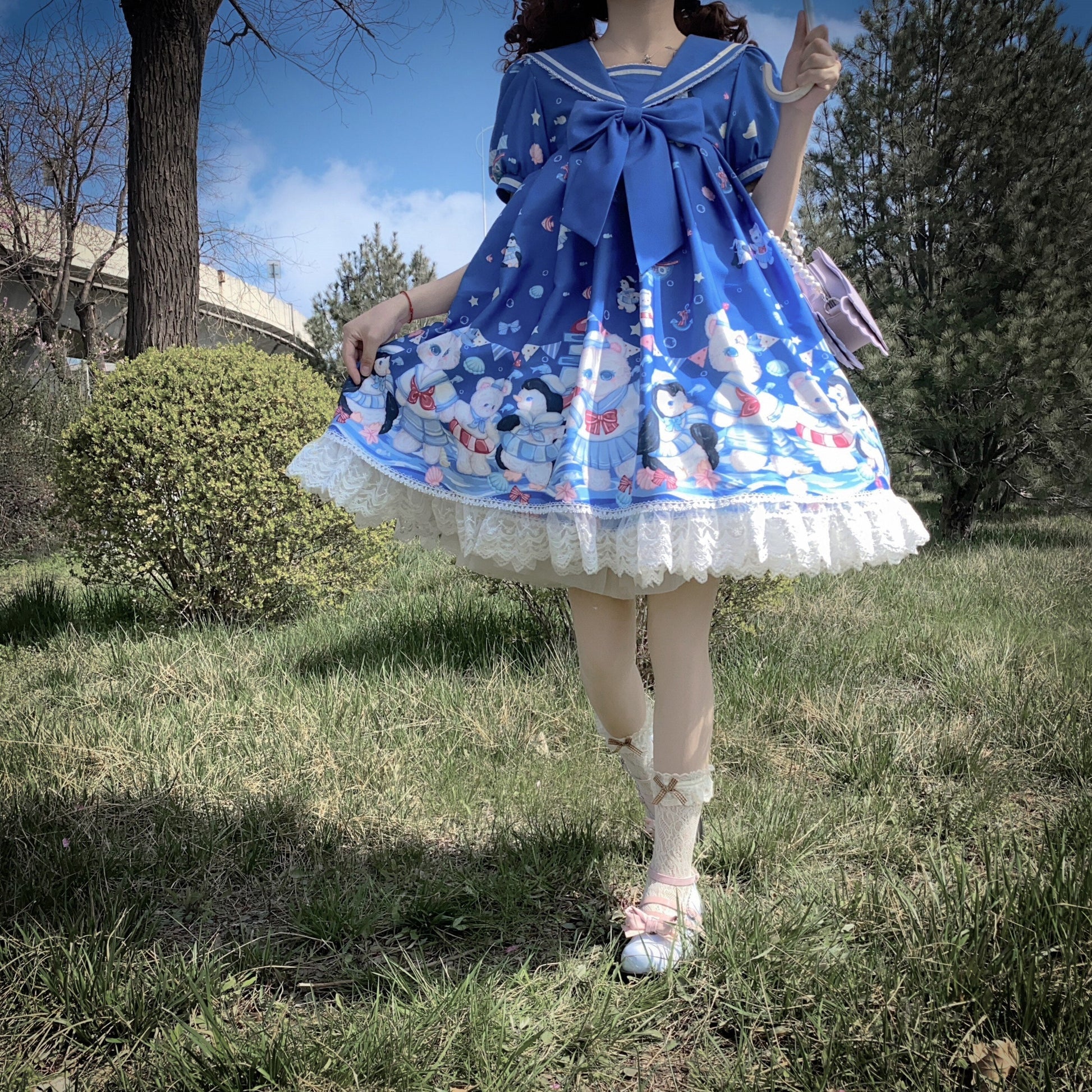 Lolita Dress With Cute Cat and Penguin Print - Blue / S - All Dresses - Clothing - 9 - 2024
