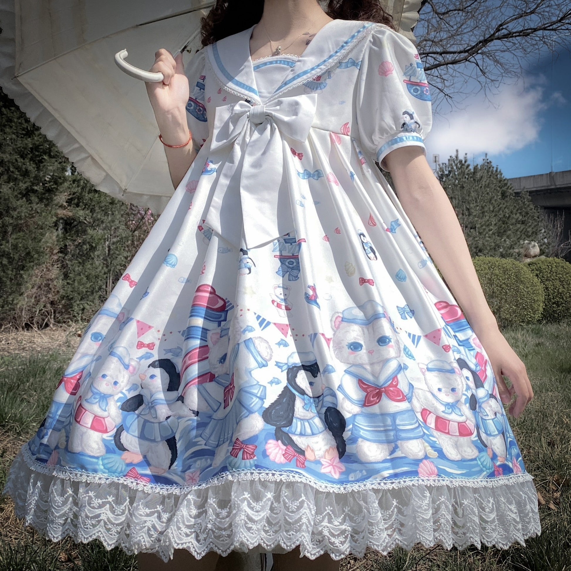 Lolita Dress With Cute Cat and Penguin Print - White / S - All Dresses - Clothing - 10 - 2024