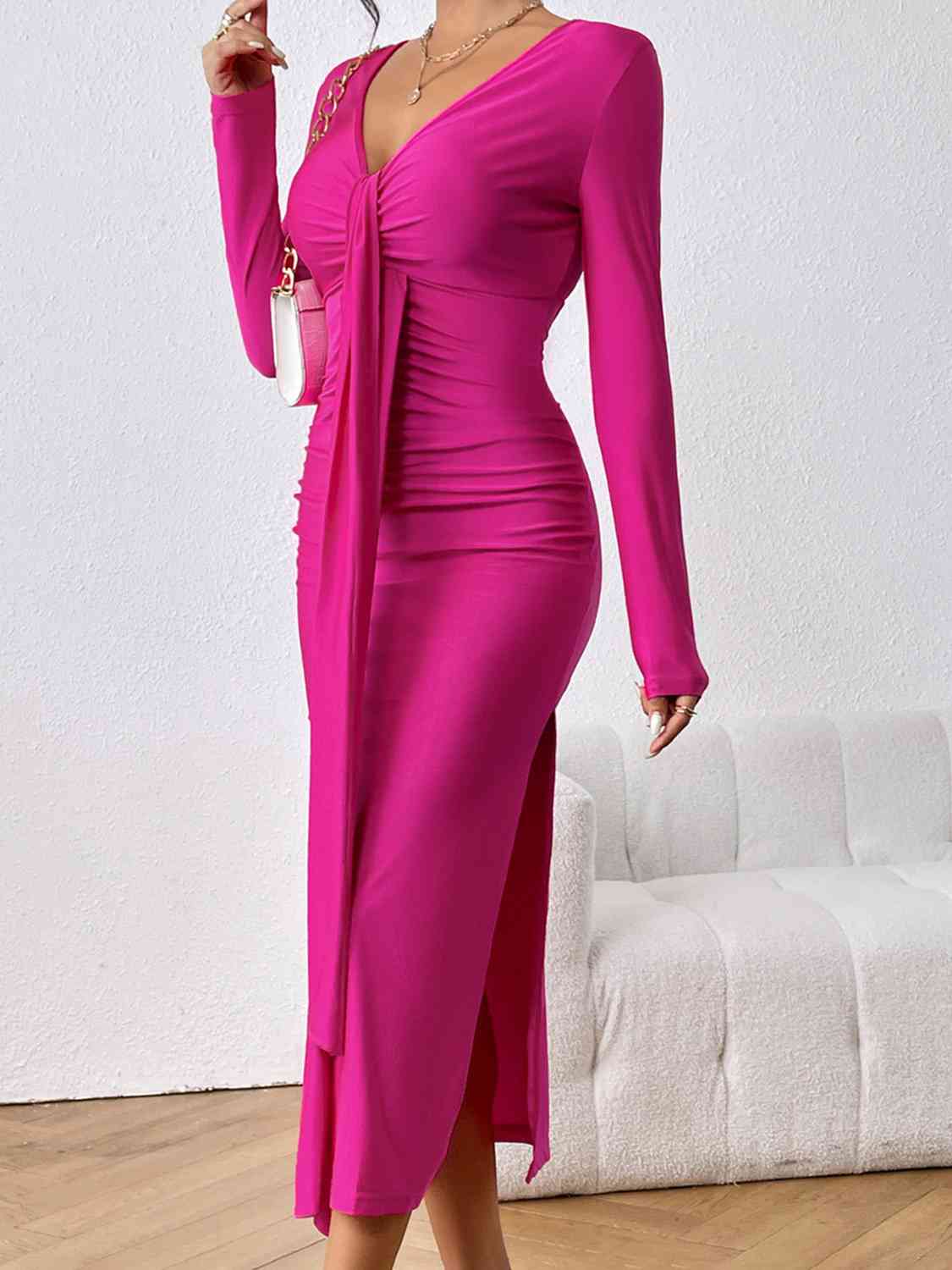 Long Sleeve Ruched Split Dress - Hot Pink / S - All Dresses - Dresses - 1 - 2024
