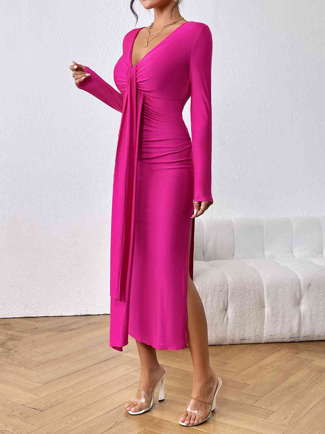 Long Sleeve Ruched Split Dress - All Dresses - Dresses - 3 - 2024