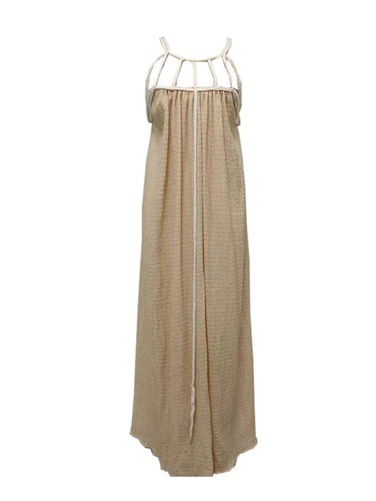 Loose Sleeveless Maxi Beach Dress: Off-Shoulder Crochet Cut-Out Design - Brown / One Size - All Dresses - Dresses - 6