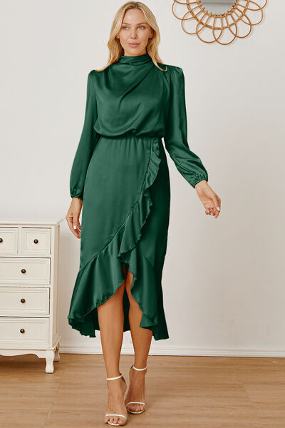 Mock Neck Ruffled Asymmetrical Dress - Green / S - All Dresses - Dresses - 23 - 2024