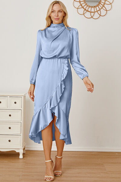 Mock Neck Ruffled Asymmetrical Dress - Misty Blue / S - All Dresses - Dresses - 11 - 2024