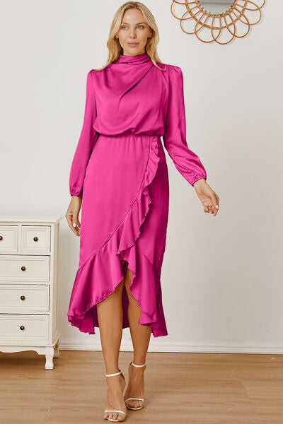 Mock Neck Ruffled Asymmetrical Dress - Fuchsia Pink / S - All Dresses - Dresses - 7 - 2024