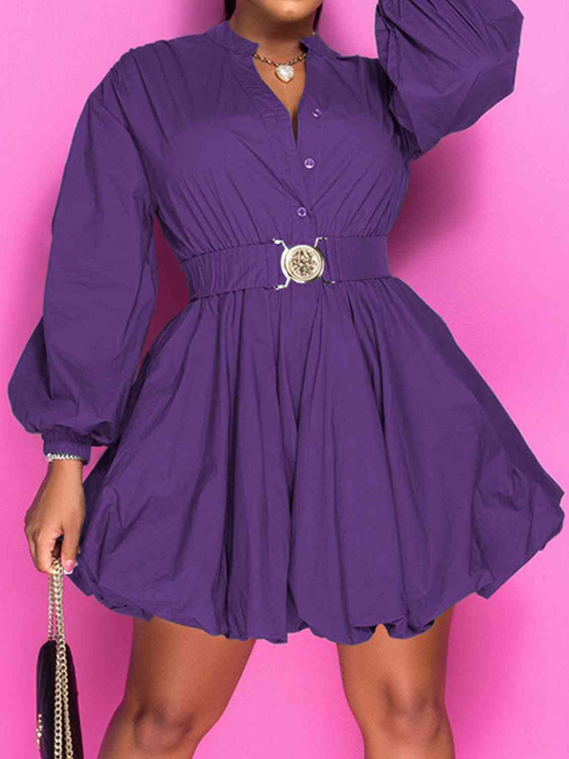 Notched Button Up Balloon Sleeves Dress - All Dresses - Dresses - 3 - 2024