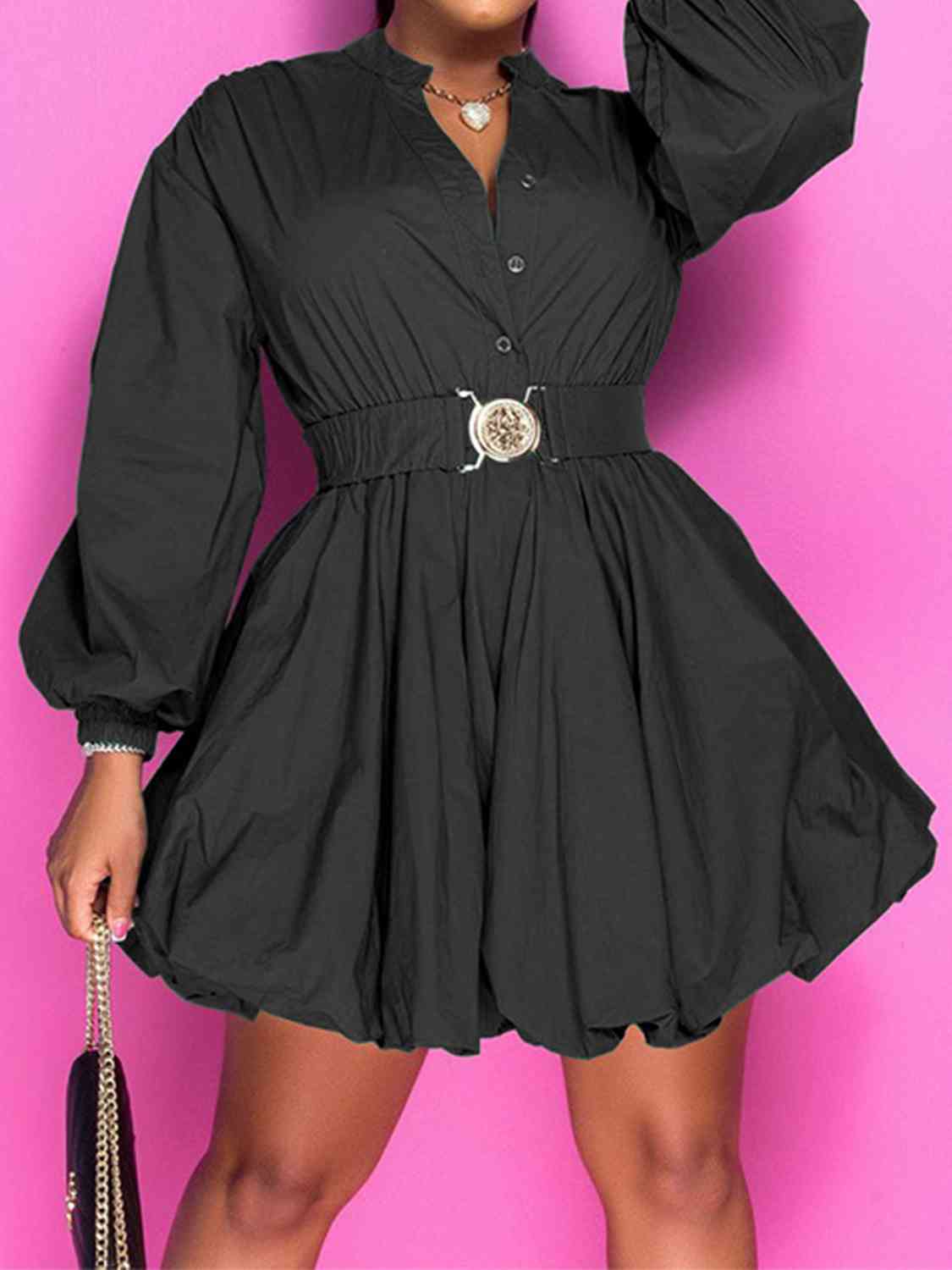 Notched Button Up Balloon Sleeves Dress - All Dresses - Dresses - 11 - 2024