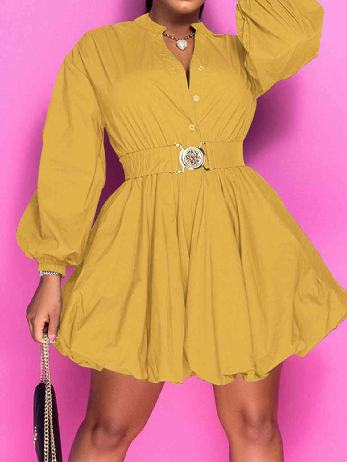 Notched Button Up Balloon Sleeves Dress - All Dresses - Dresses - 20 - 2024