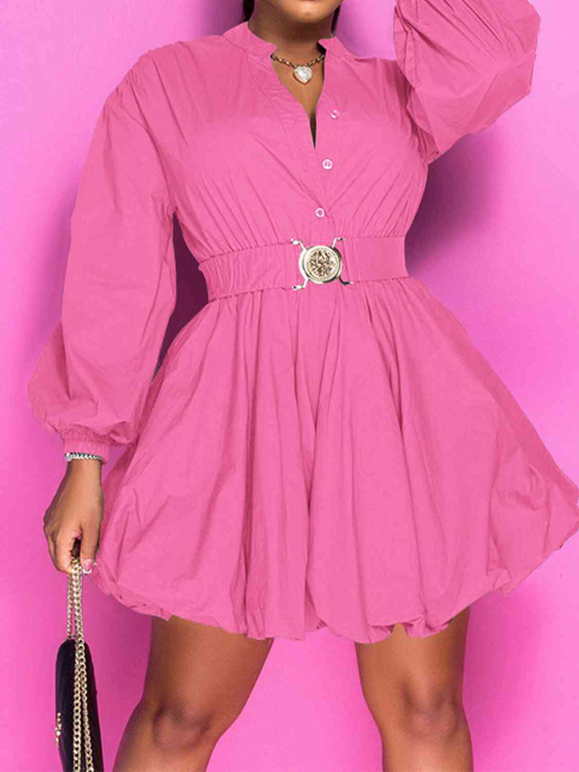 Notched Button Up Balloon Sleeves Dress - All Dresses - Dresses - 23 - 2024