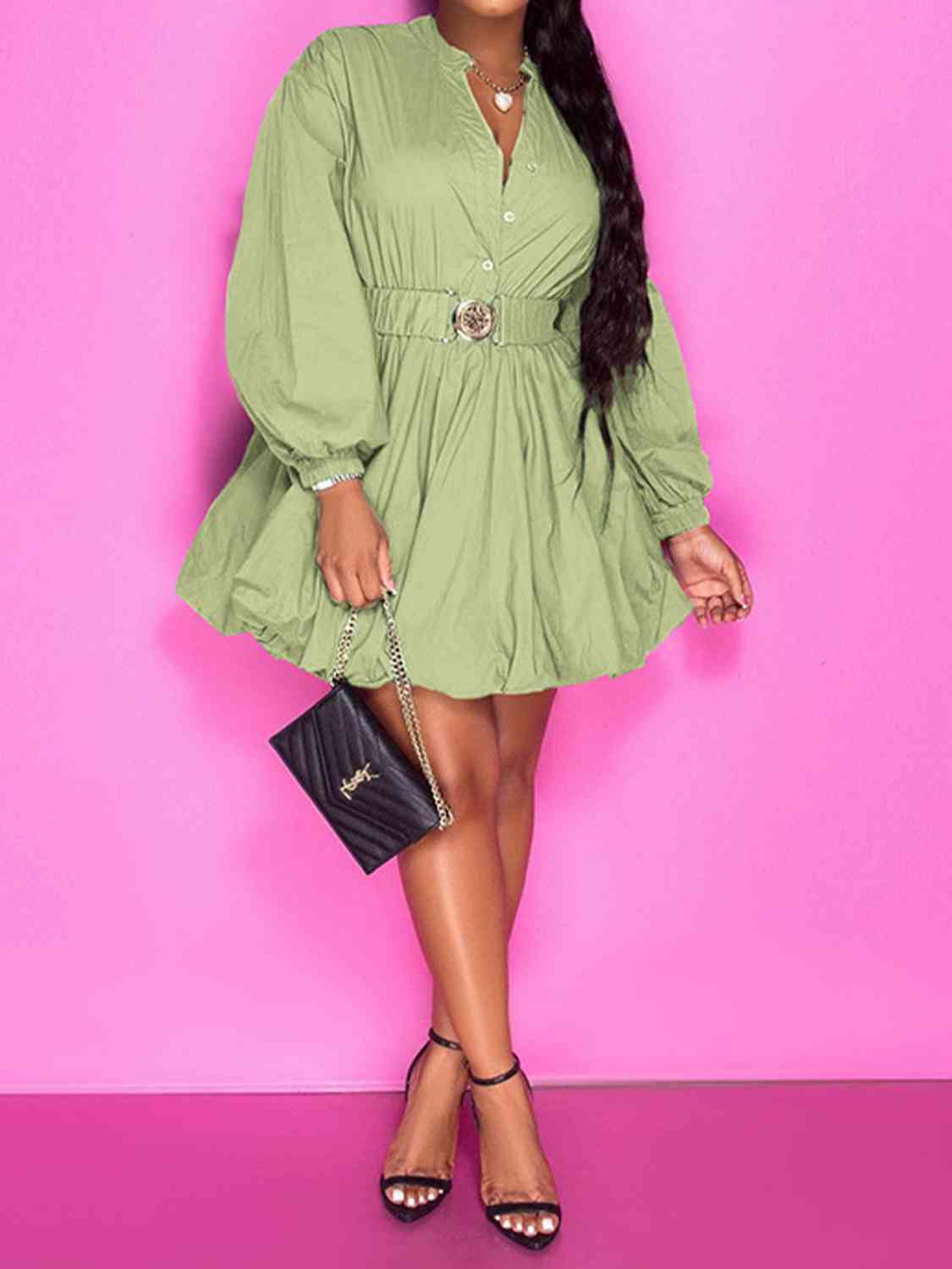 Notched Button Up Balloon Sleeves Dress - Sage / S - All Dresses - Dresses - 16 - 2024