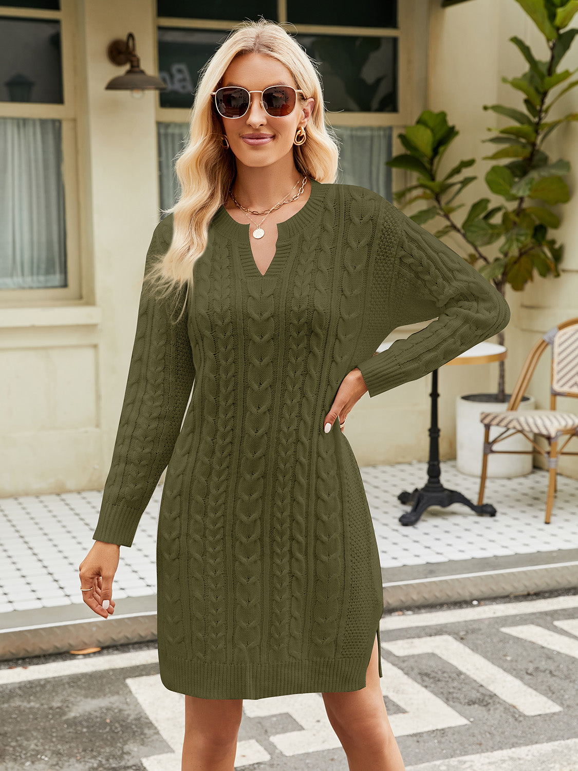Notched Neck Cable-Knit Slit Sweater Dress - Green / S - All Dresses - Dresses - 11 - 2024