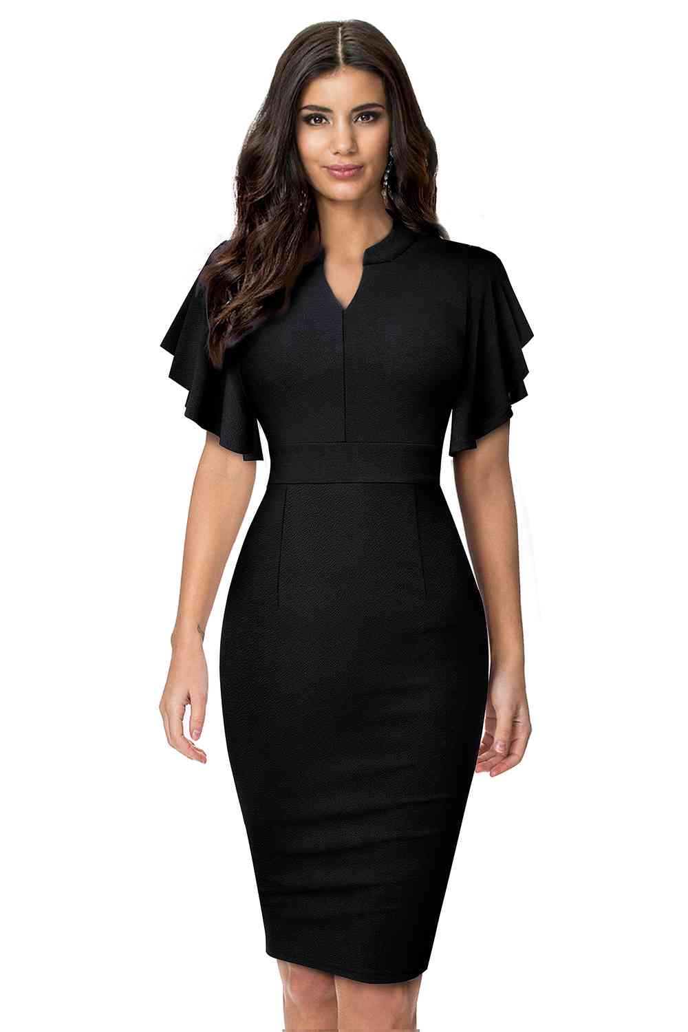 Notched Neck Flutter Sleeve Pencil Dress - Black / S - All Dresses - Dresses - 4 - 2024