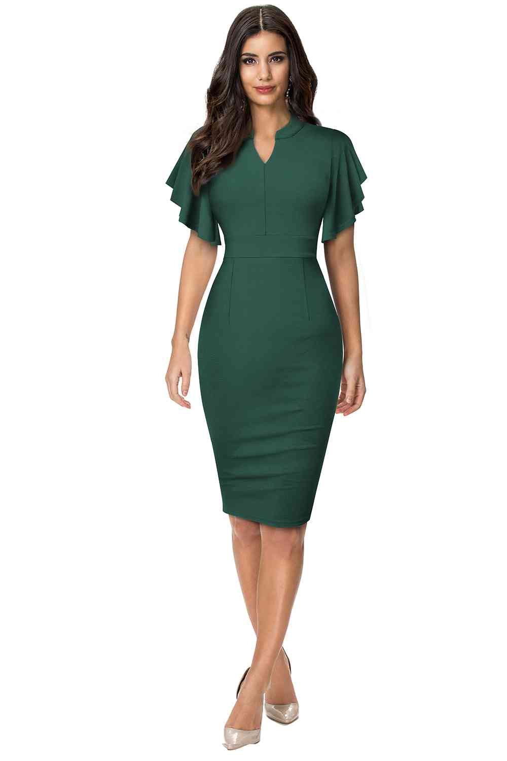 Notched Neck Flutter Sleeve Pencil Dress - Green / S - All Dresses - Dresses - 13 - 2024