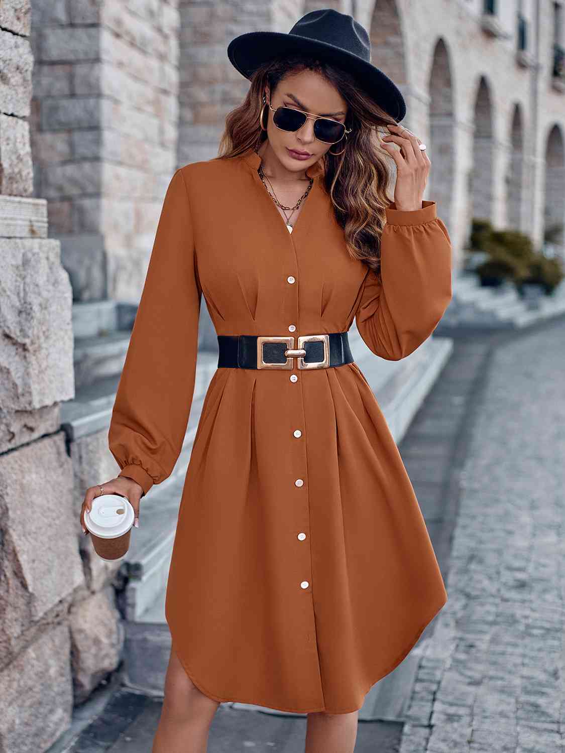 Notched Neck Long Sleeve Dress - Brick Red / S - All Dresses - Dresses - 5 - 2024