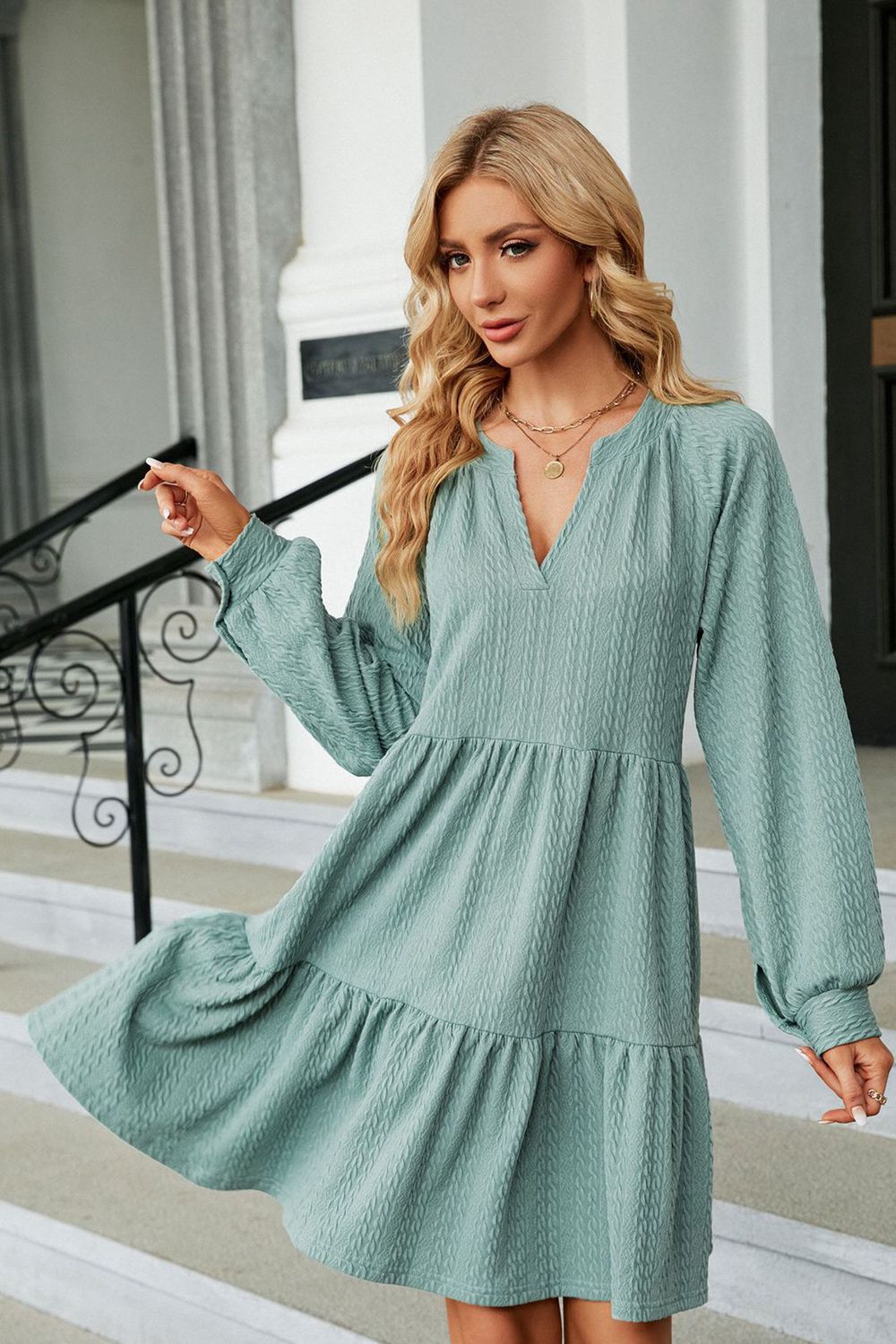 Notched Neck Long Sleeve Mini Dress - All Dresses - Shirts & Tops - 3 - 2024