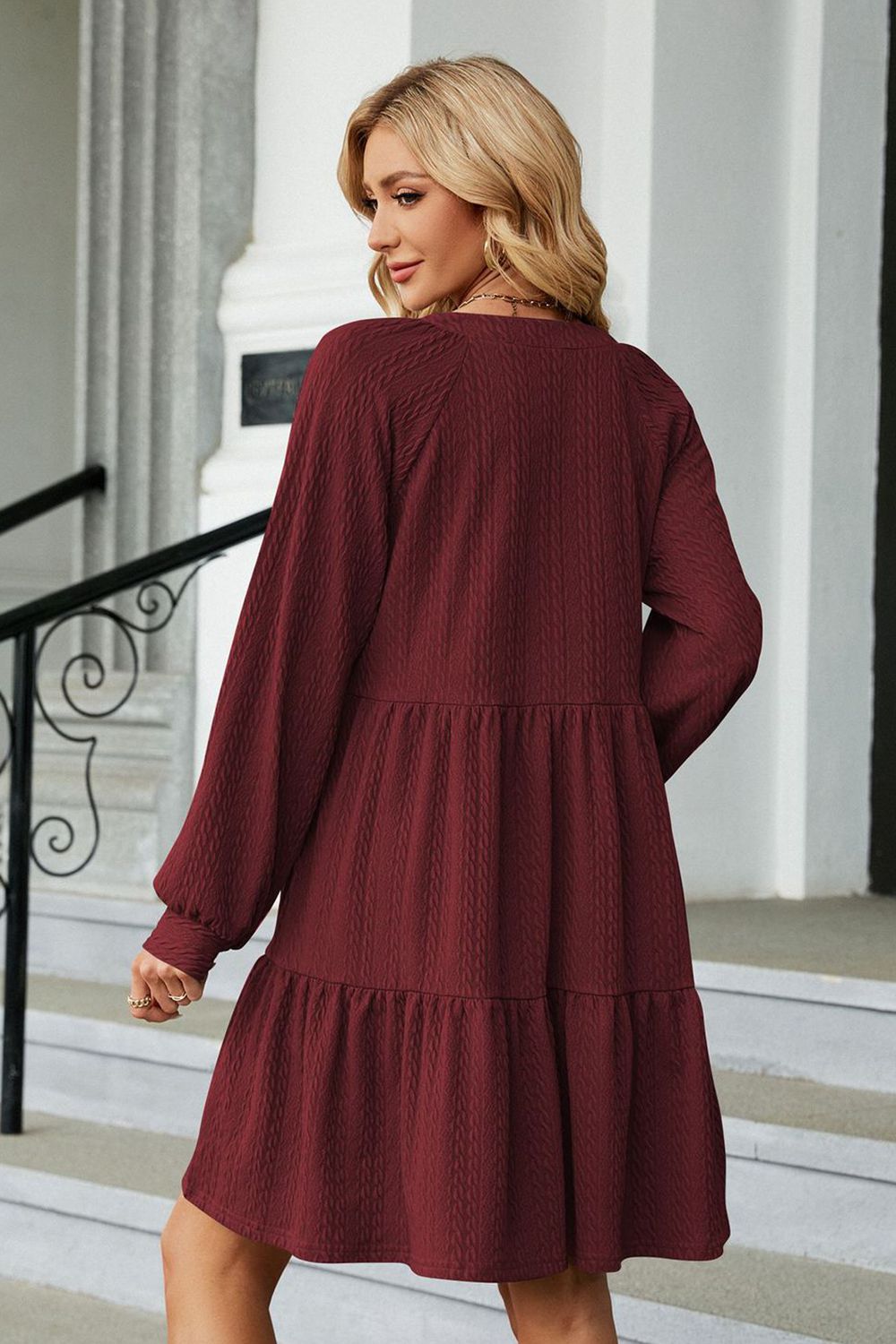 Notched Neck Long Sleeve Mini Dress - All Dresses - Shirts & Tops - 12 - 2024