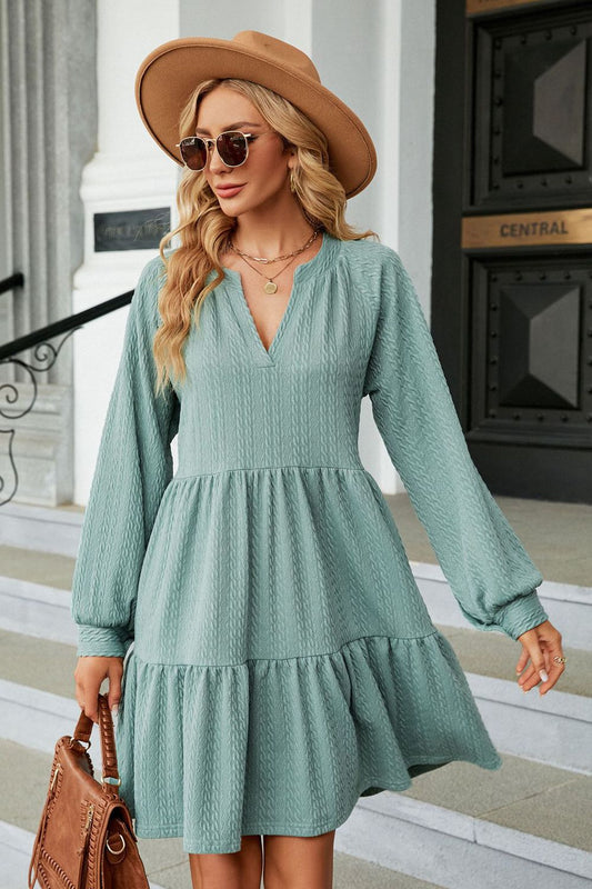 Notched Neck Long Sleeve Mini Dress - Green / S - All Dresses - Shirts & Tops - 1 - 2024