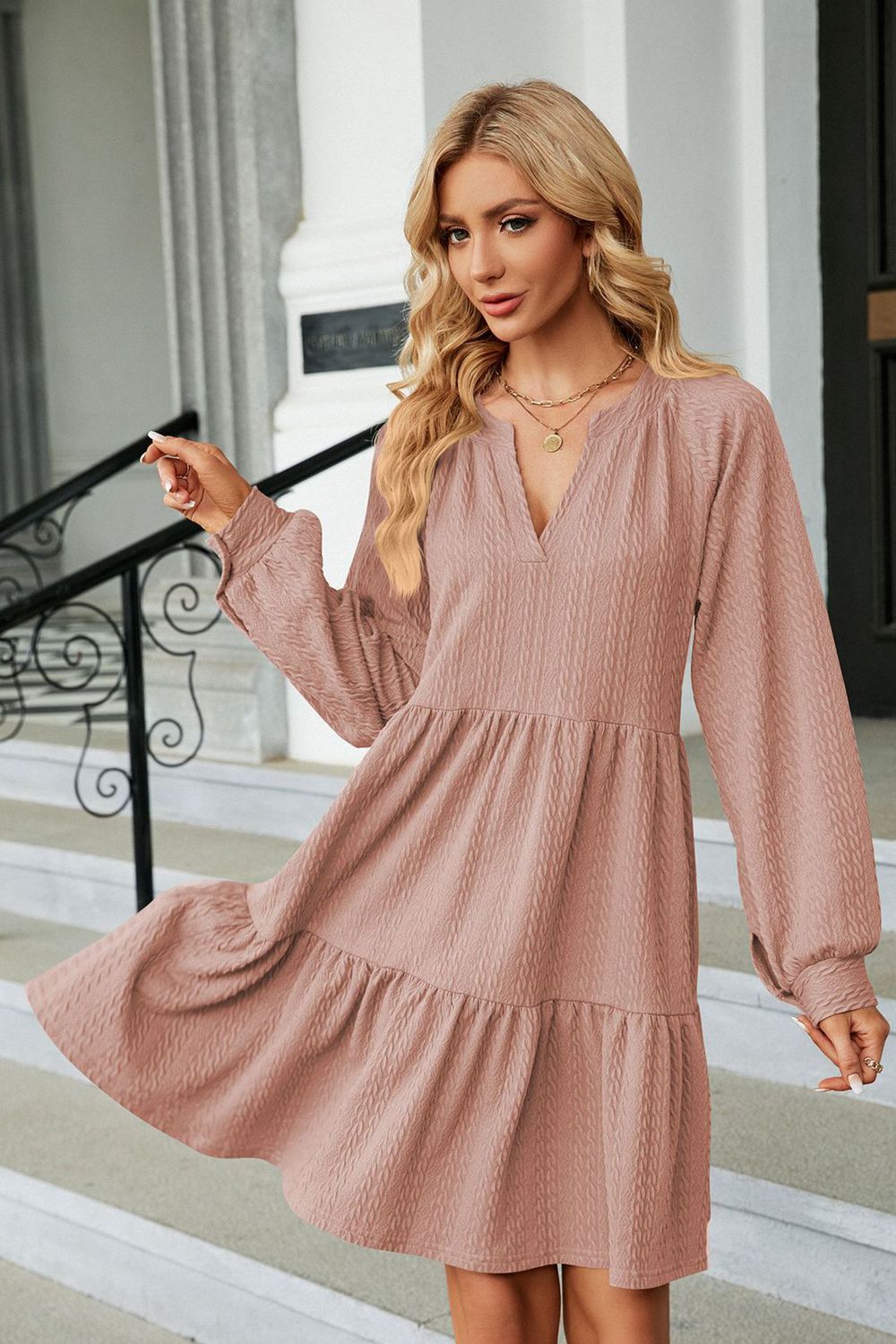 Notched Neck Long Sleeve Mini Dress - All Dresses - Shirts & Tops - 8 - 2024
