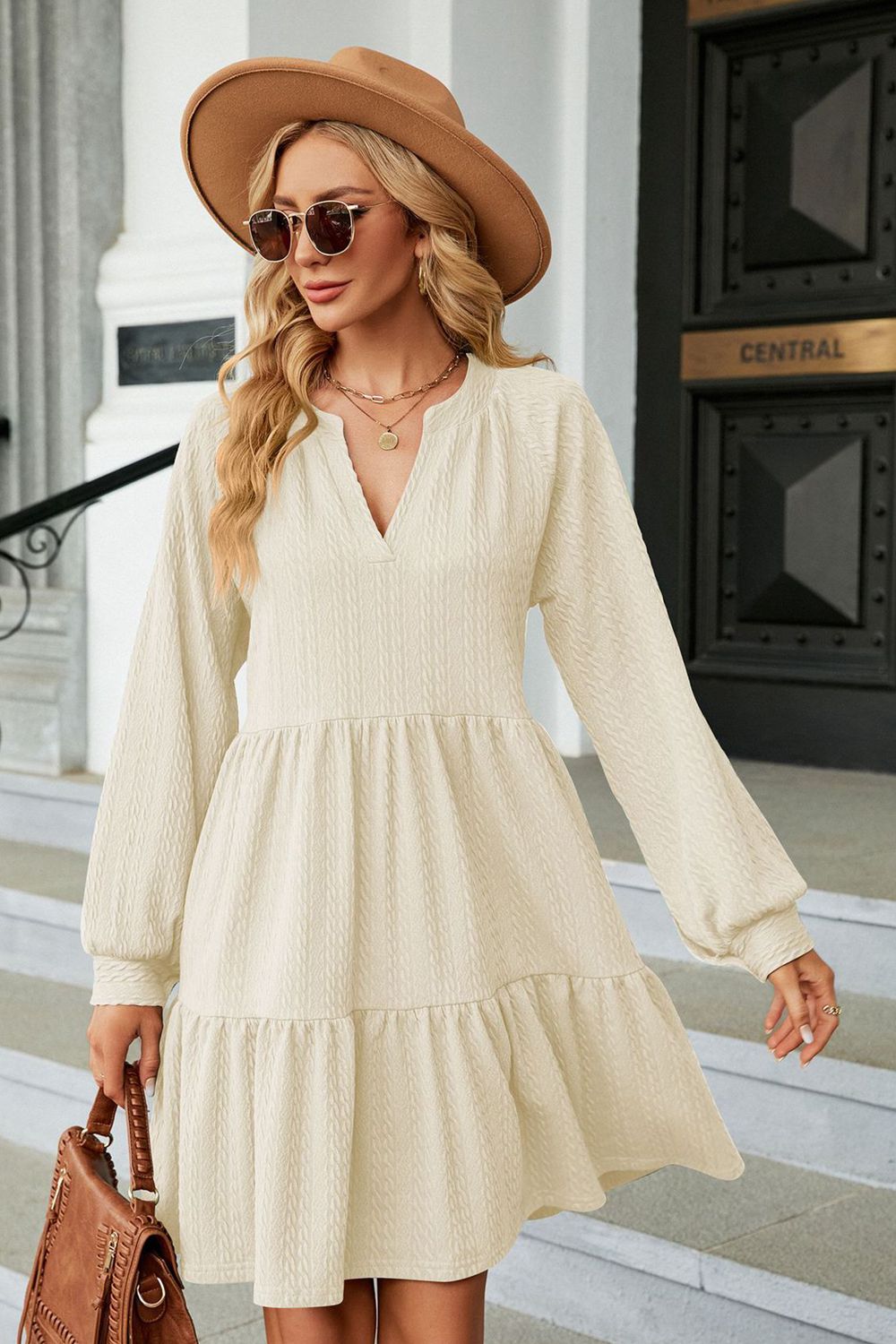 Notched Neck Long Sleeve Mini Dress - White / S - All Dresses - Shirts & Tops - 4 - 2024