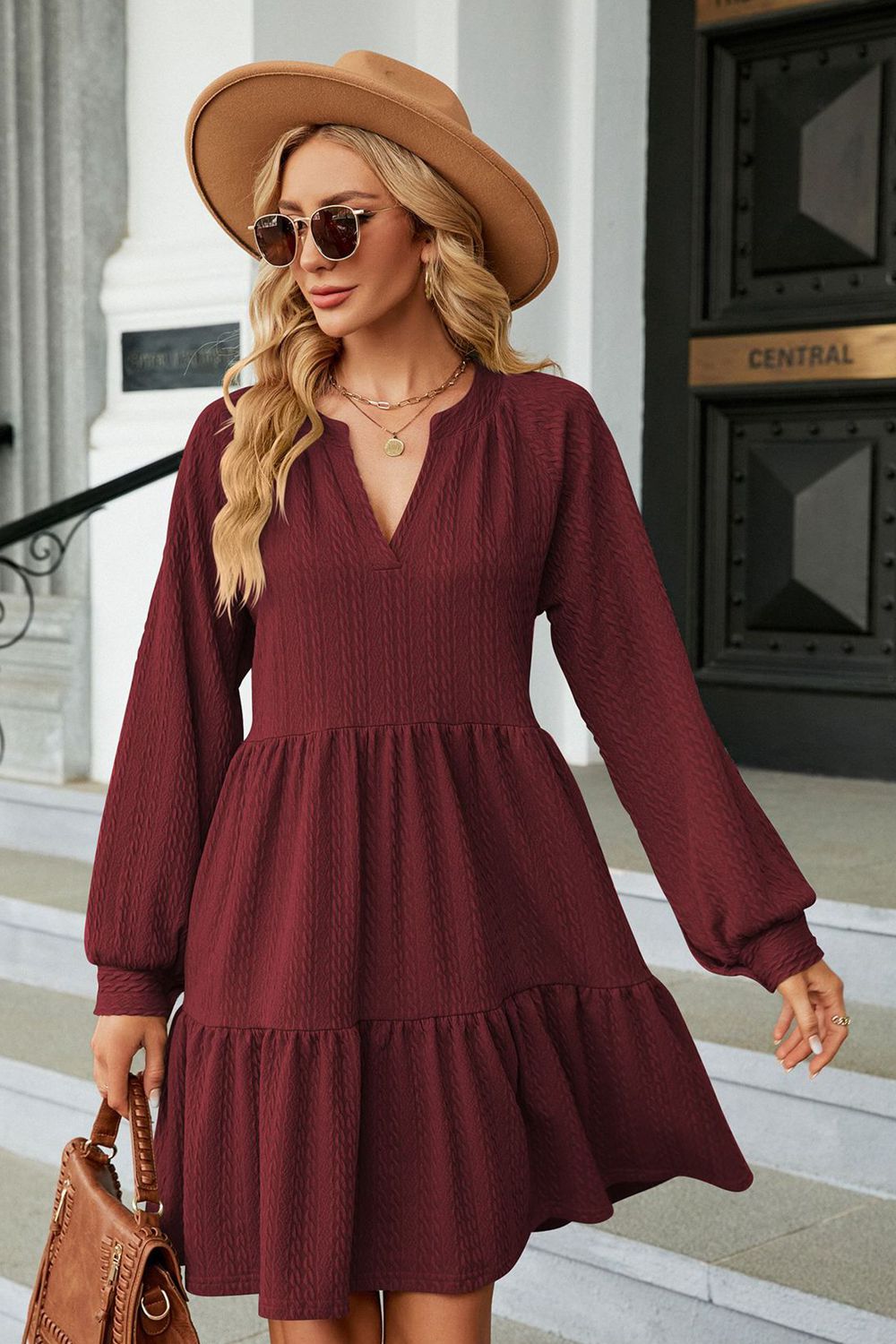 Notched Neck Long Sleeve Mini Dress - All Dresses - Shirts & Tops - 11 - 2024
