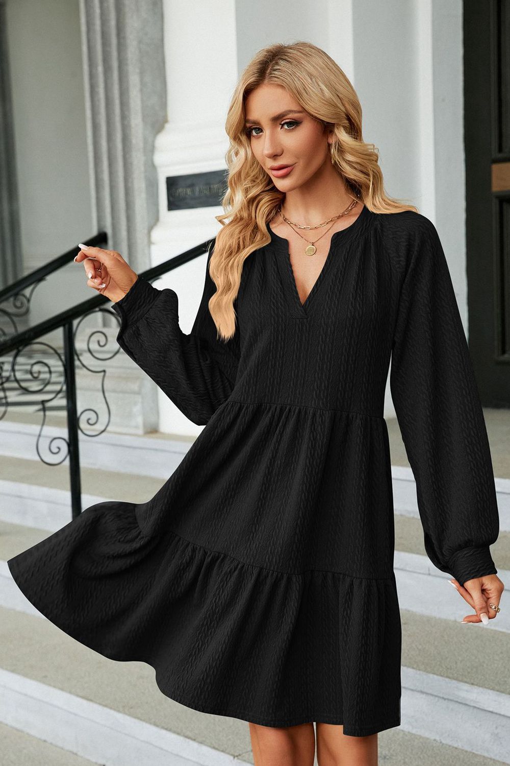 Notched Neck Long Sleeve Mini Dress - All Dresses - Shirts & Tops - 14 - 2024