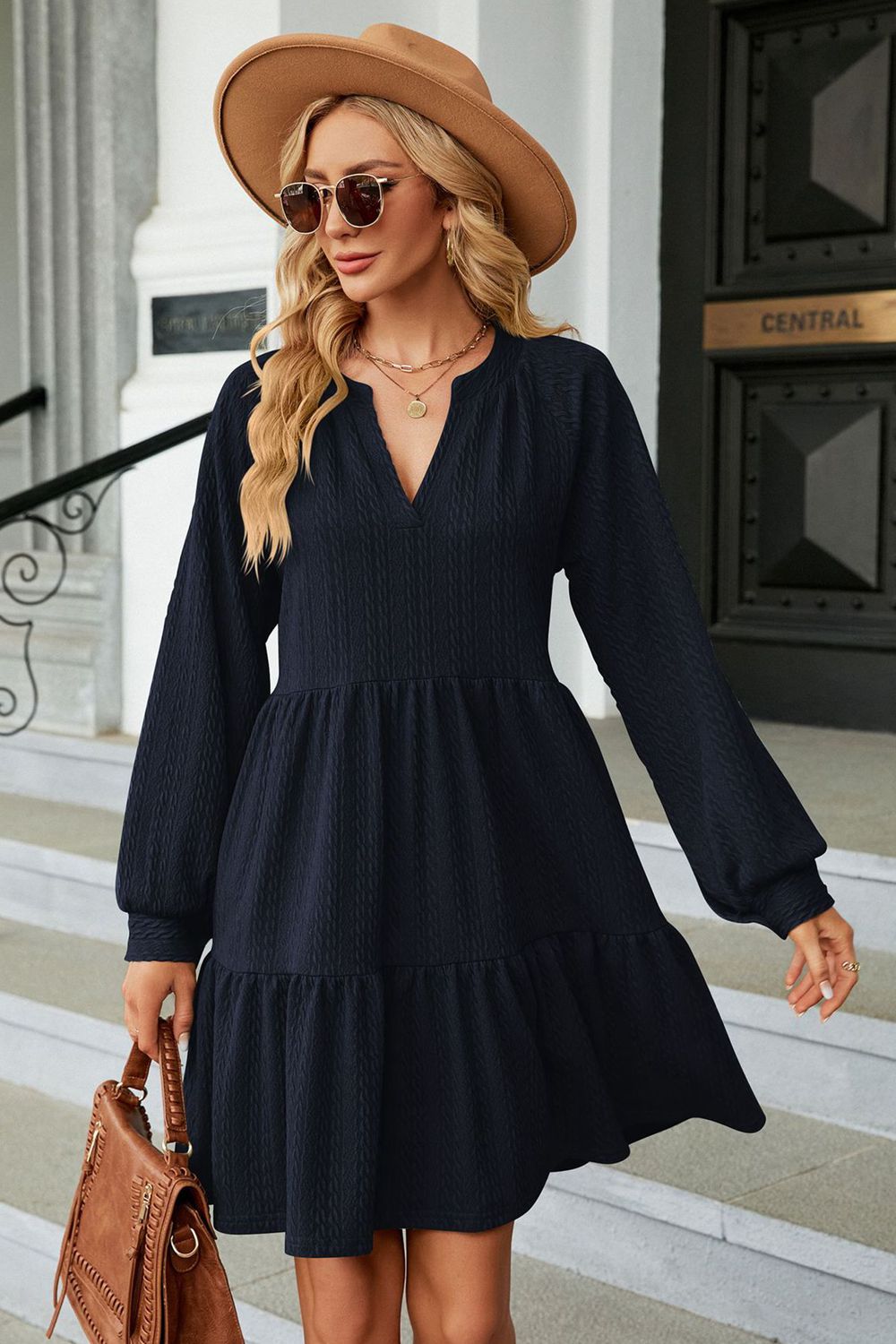 Notched Neck Long Sleeve Mini Dress - Dark Blue / S - All Dresses - Shirts & Tops - 16 - 2024