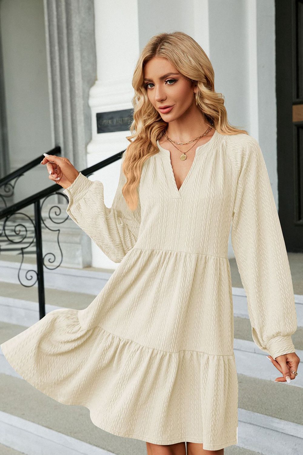 Notched Neck Long Sleeve Mini Dress - All Dresses - Shirts & Tops - 5 - 2024