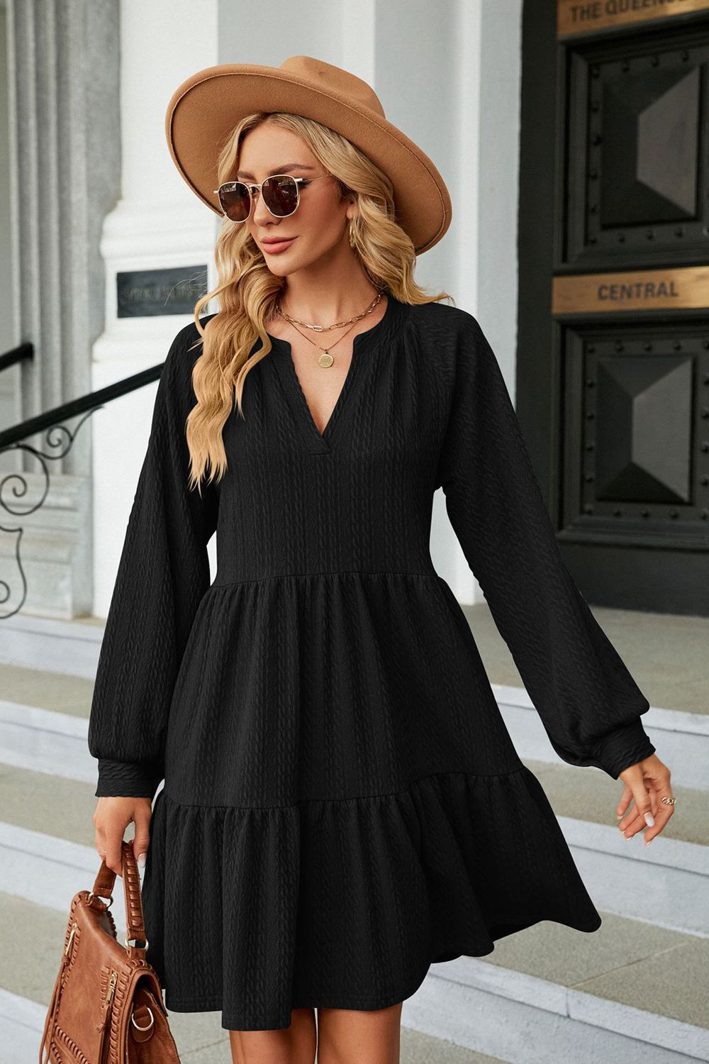 Notched Neck Long Sleeve Mini Dress - Black / S - All Dresses - Shirts & Tops - 13 - 2024