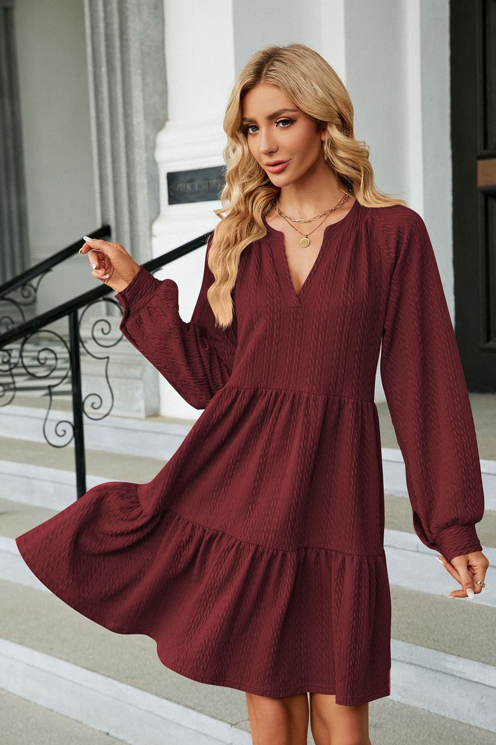 Notched Neck Long Sleeve Mini Dress - Red / S - All Dresses - Shirts & Tops - 10 - 2024