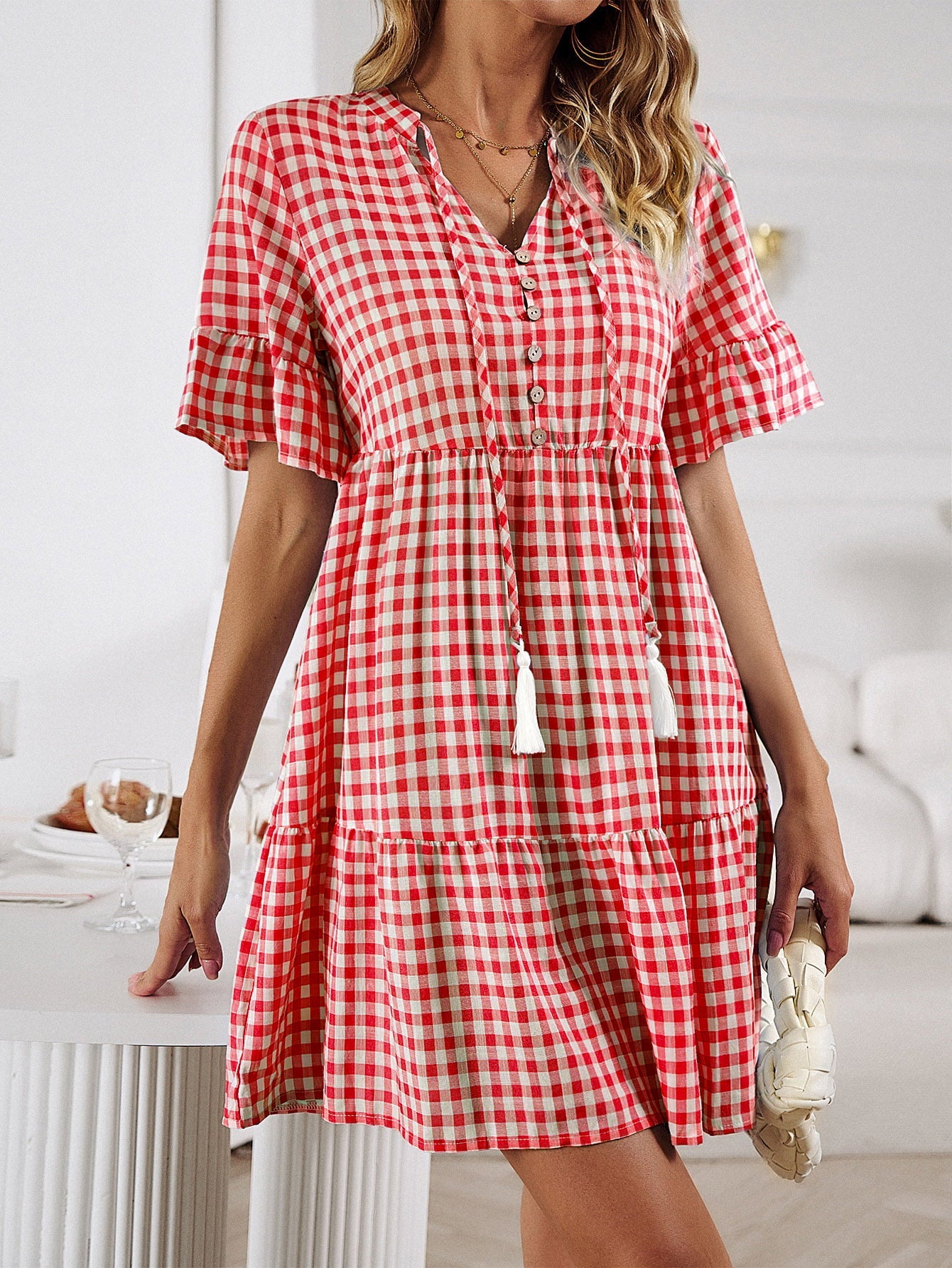 Plaid Flounce Sleeve Buttoned Mini Dress - All Dresses - Dresses - 7 - 2024