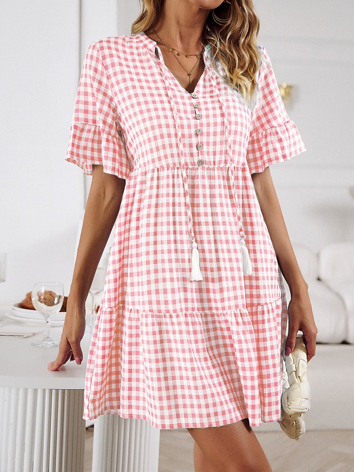 Plaid Flounce Sleeve Buttoned Mini Dress - Pink / S - All Dresses - Dresses - 1 - 2024