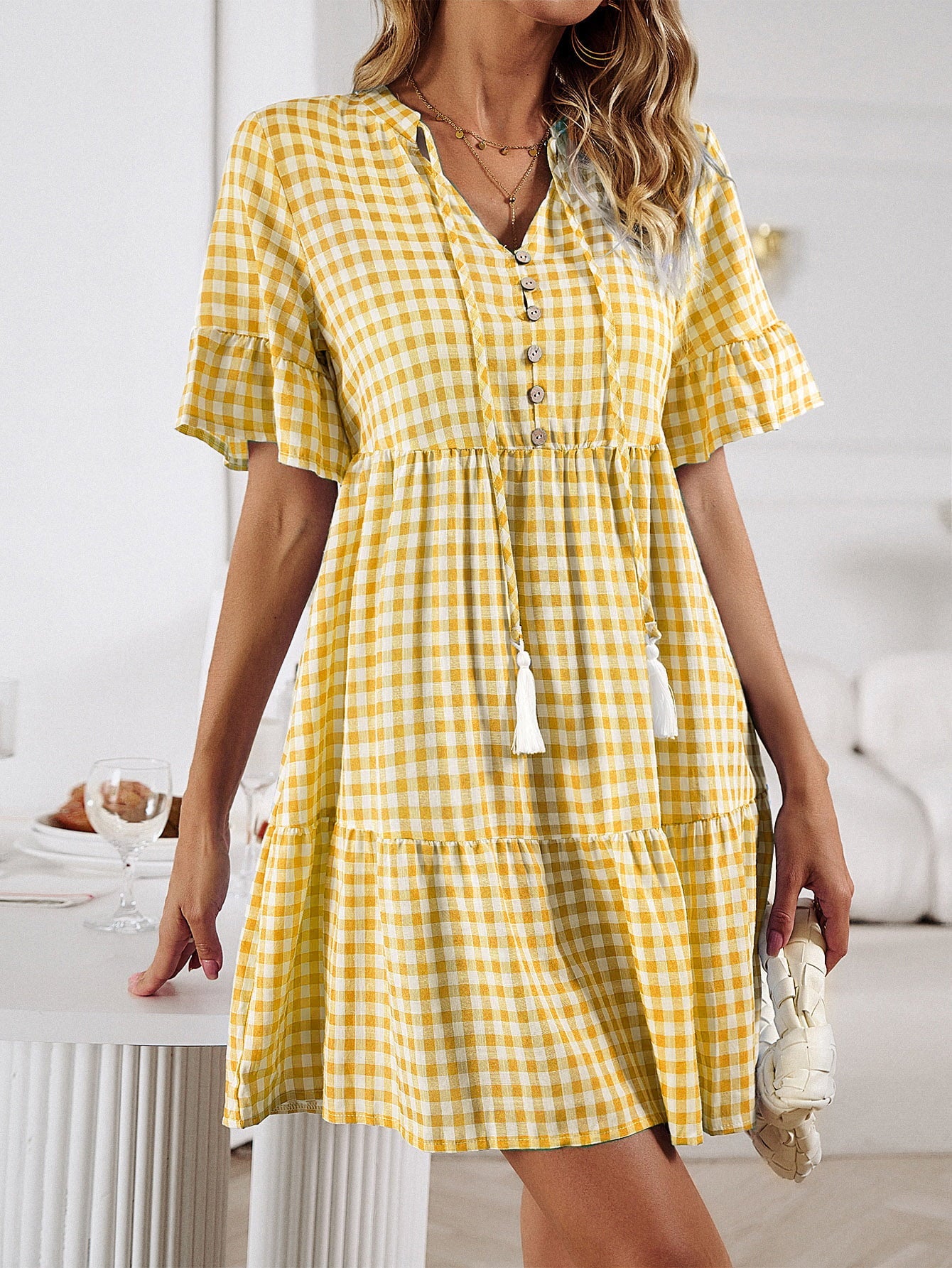 Plaid Flounce Sleeve Buttoned Mini Dress - Yellow / S - All Dresses - Dresses - 11 - 2024