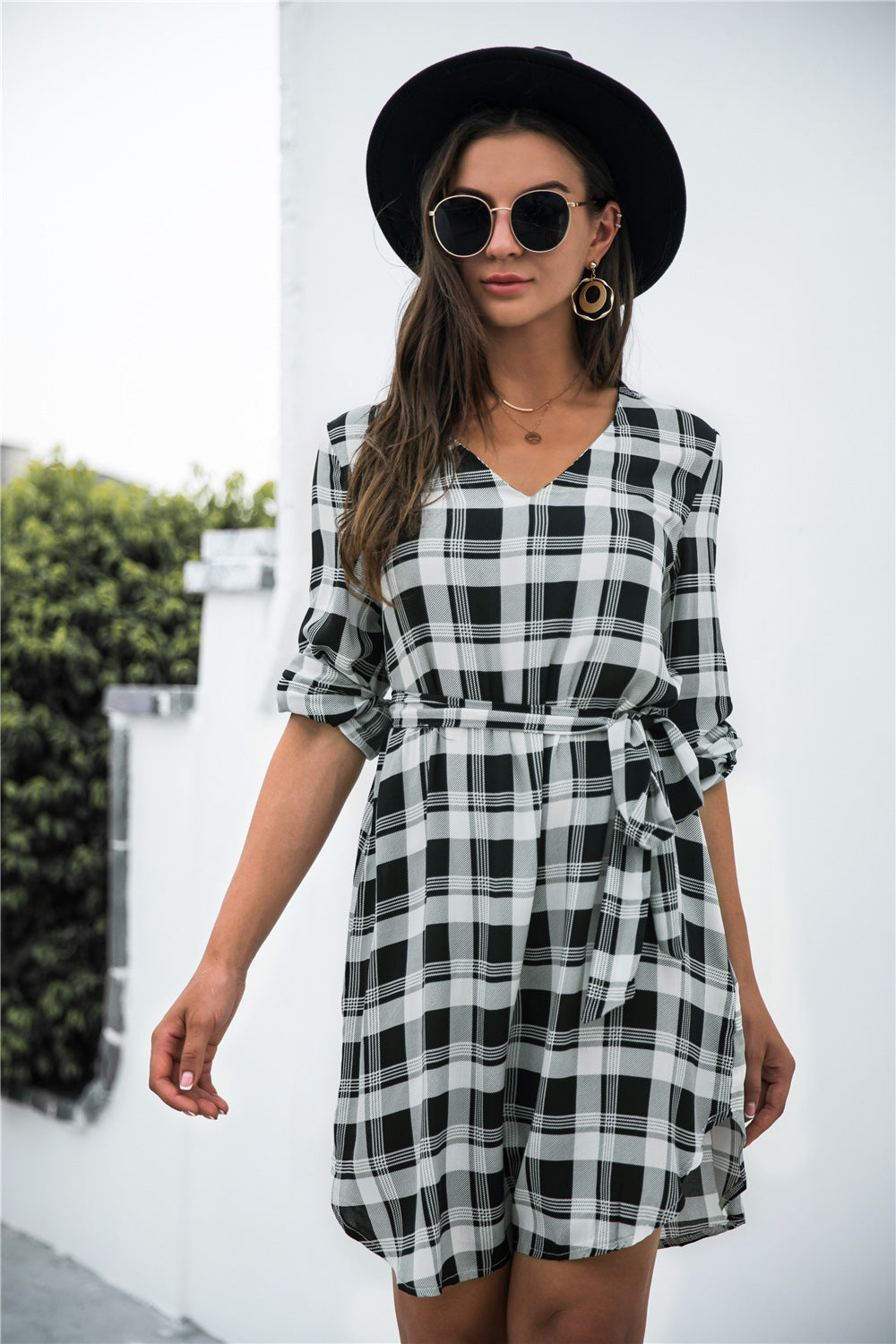 Plaid V-Neck Tie Waist Dress - Black / S - All Dresses - Dresses - 1 - 2024