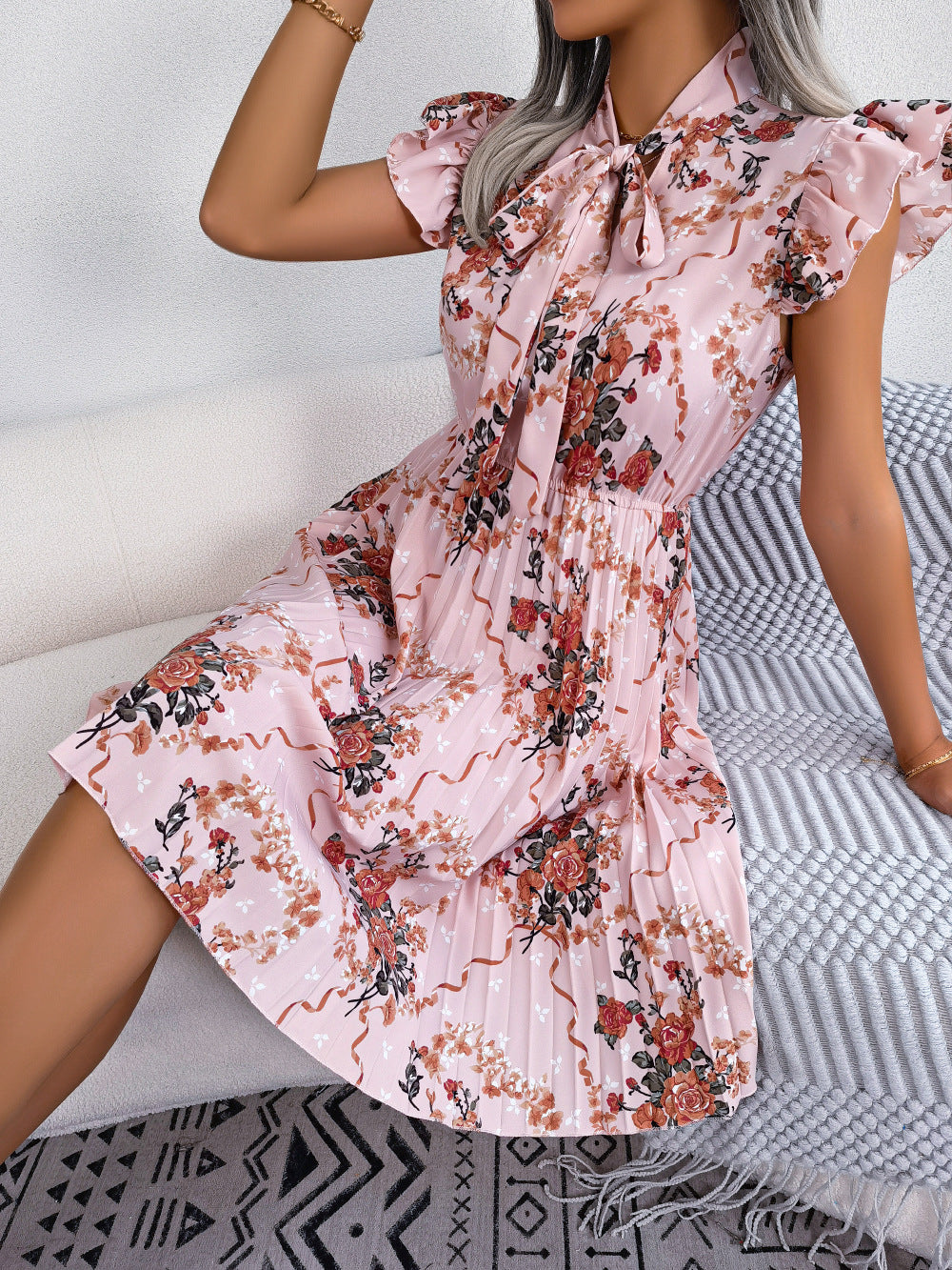 Pleated Floral Printed Tie Neck Knee Length Dress - All Dresses - Dresses - 8 - 2024